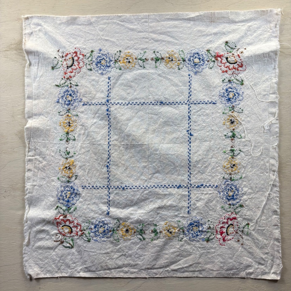 Vintage Hand Embroidered Floral Linen Cotton Table Square 32x32 Folk Art Cottage